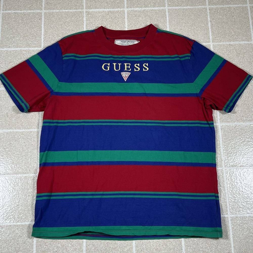 VTG Guess T Shirt Mens Large 90s Vertical Striped Red Blue Short Sleeve USA